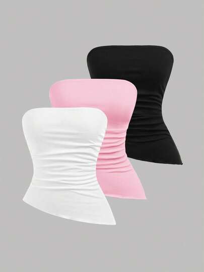 Girlism Bộ 3 áo hai dây croptop dệt kim màu đen, trắng và xanh dương dành cho nữ tuổi teen, có phần eo nhún và vạt áo bất đối xứng, kiểu dáng thể thao đường phố đa năng, dễ phối đồ.