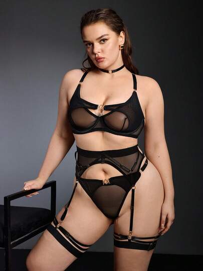 EmpressEnvy Conjunto de lencería de 5 piezas para mujer de talla grande, con malla, hebilla metálica y extremadamente seductor