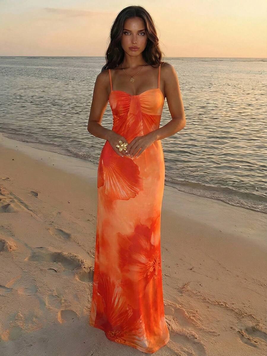 Aloruh Orange Red Floral Print Dress,Summer Casual Holiday Vacation,Elegant Spaghetti Strap Sleeveless Long Dress For Women,Beach Party Wedding Guest,Y2K