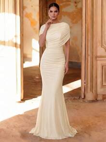Aureia Elegant Luxurious Minimalist Solid Color Chiffon Overlay Ruffle Decor Fishtail Hem Bridesmaid Dress - Apricot - View 3