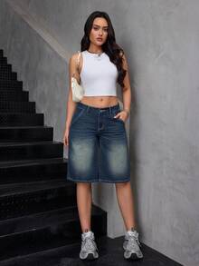 SHEIN 女士白色对比缝线深蓝色休闲牛仔裤 - 深色水洗藍 - 查看 4