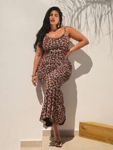 FASHION SZN Plus Size Womens Animal Print Trim Detail Cowl Neck Mesh Plunge Maxi Dress Sexy Elegant Plus Size Vacation Dress Summer Holiday Evening Dress Occasion Wedding Guest Dress Fitted Comfort Stretch Fabric Chic Summer Dresses For Women Ibiza Travel Maxi Dress Long Dresses Dresses For Plus Size Curve Leopard Print - Multicolor - View 1