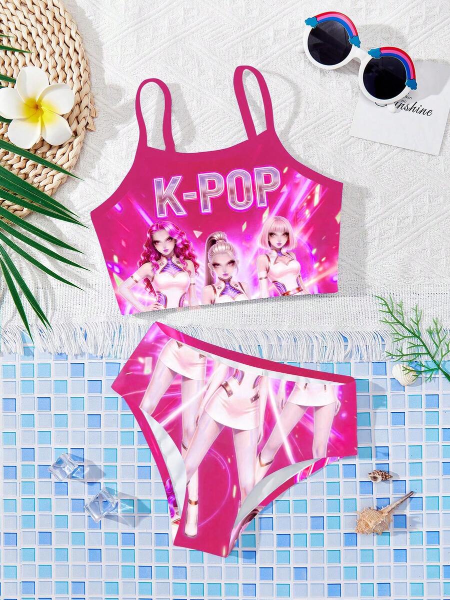 SHEIN Bộ đồ bơi hai dây ôm sát và bikini tam giác dành cho bé gái, thích hợp cho mùa hè. - Nhiều màu - Xem 1
