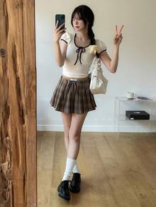 Women's Casual Contrast Trim Lace-Up T-Shirt, Summer - White - View 8