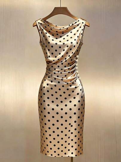 Franclia Champagne Satin Cowl Neck Sleeveless Fitted Dress