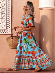Flora Isola Flora Isola Women Bohemian Tropical Maxi Dress Spring Summer Blue Floral Print Multi-Color Elegant Romantic Light Luxury Outfit For Island Vacation Beach - Blue - View 1