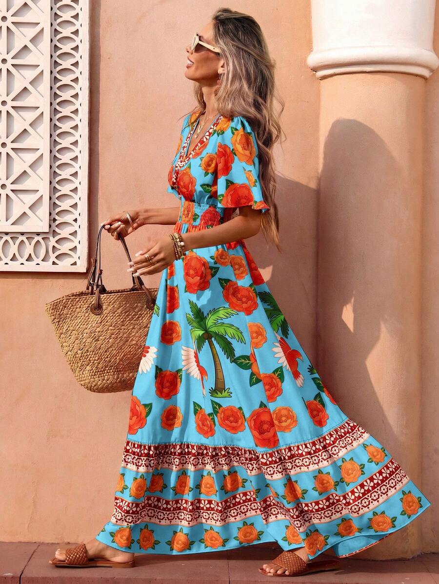Flora Isola Flora Isola Women Bohemian Tropical Maxi Dress Spring Summer Blue Floral Print Multi-Color Elegant Romantic Light Luxury Outfit For Island Vacation Beach - Blue - View 1