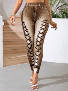 SHEIN Lady Women's Eyelet Pattern Lace-Up Casual Leggings - Brown - View 7