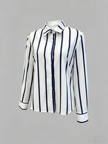 SHEIN 女士休闲长袖条纹单排扣衬衫 - 彩色 - 查看 5