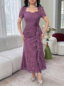 Feyla New Lace Waist Ruffle Floral Cinched Waist Elegant High-End Party Dress - Purple - View 4