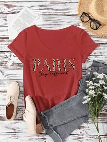 EMERY ROSE Women's Paris Leopard Print Letter Graphic Fitted V-Neck Short Sleeve T-Shirt, Suitable For Summer - Redwood - View 3