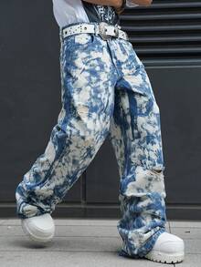 Manfinity EMRG Quần jean denim nam kiểu dáng thường ngày, nhuộm tie-dye, có túi và rách. - Màu xanh lam - Xem 1