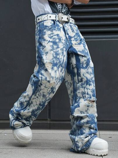 Manfinity EMRG Quần jean denim nam kiểu dáng thường ngày, nhuộm tie-dye, có túi và rách.