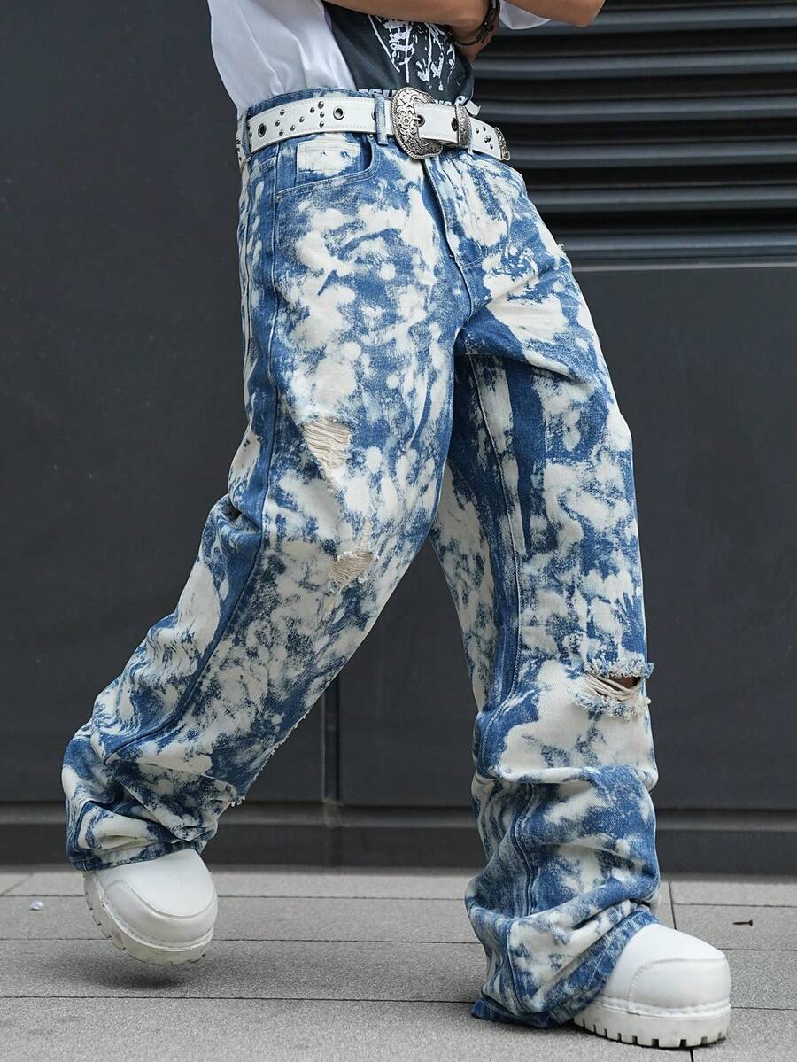 Manfinity EMRG Quần jean denim nam kiểu dáng thường ngày, nhuộm tie-dye, có túi và rách. - Màu xanh lam - Xem 1