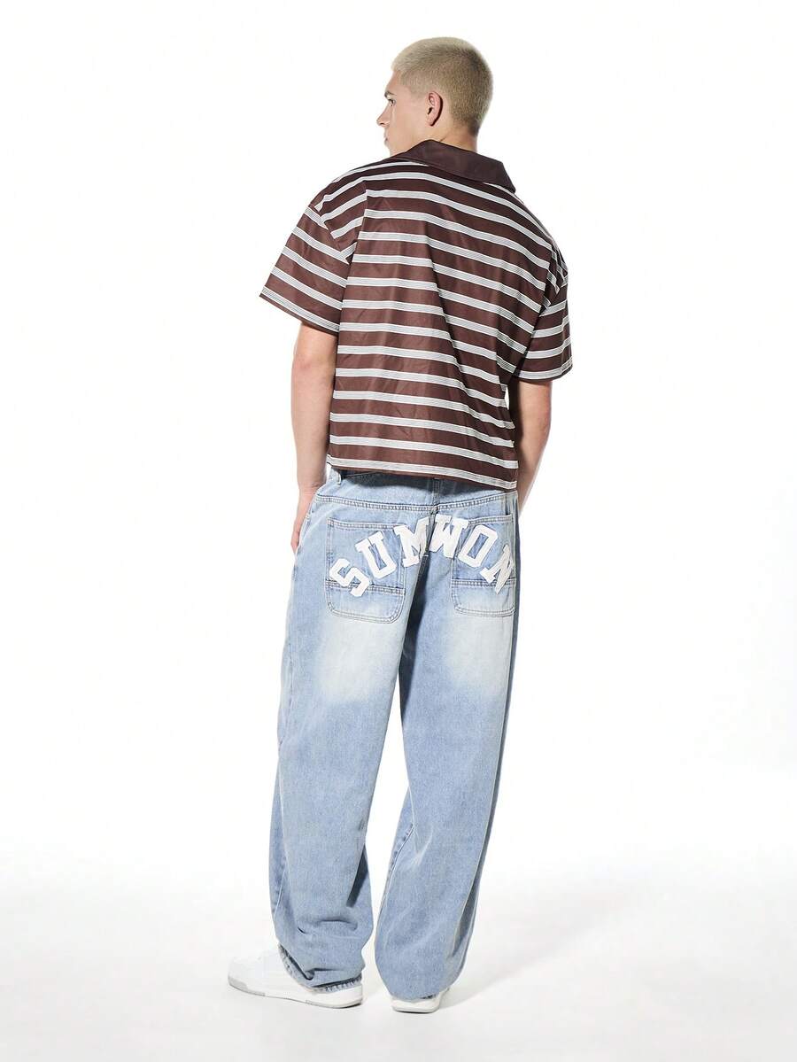 SUMWON Relaxed Wide Leg Denim Jeans Large Letter Print Back Pockets Casual Streetwear Vintage Washed Light Blue Pants - Blue - View 1
