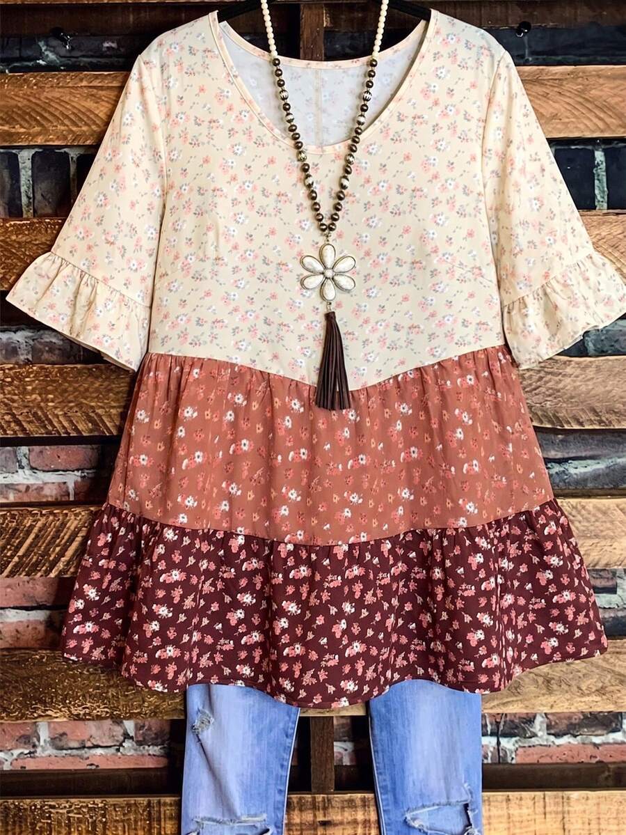 Linhara Plus Size Women's Summer Round Neck Ruffle Trim Short Sleeve Ditsy Floral Color Block Peplum Blouse - Brown - View 1
