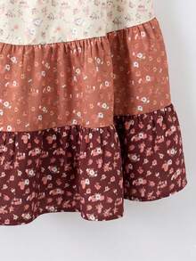 Linhara Plus Size Women's Summer Round Neck Ruffle Trim Short Sleeve Ditsy Floral Color Block Peplum Blouse - Brown - View 5