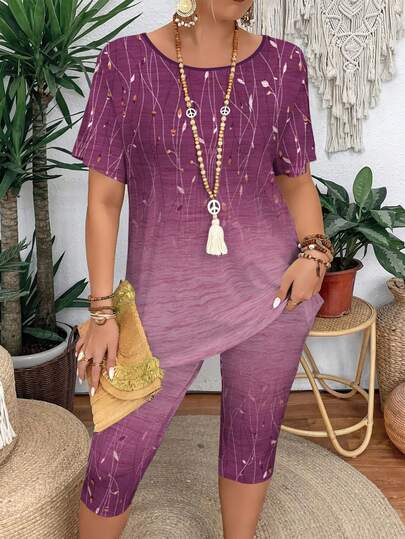 EMERY ROSE Conjunto de 2 piezas de camiseta de manga corta con estampado floral degradado y leggings de ajuste ceñido para mujeres de talla grande, estilo casual de verano