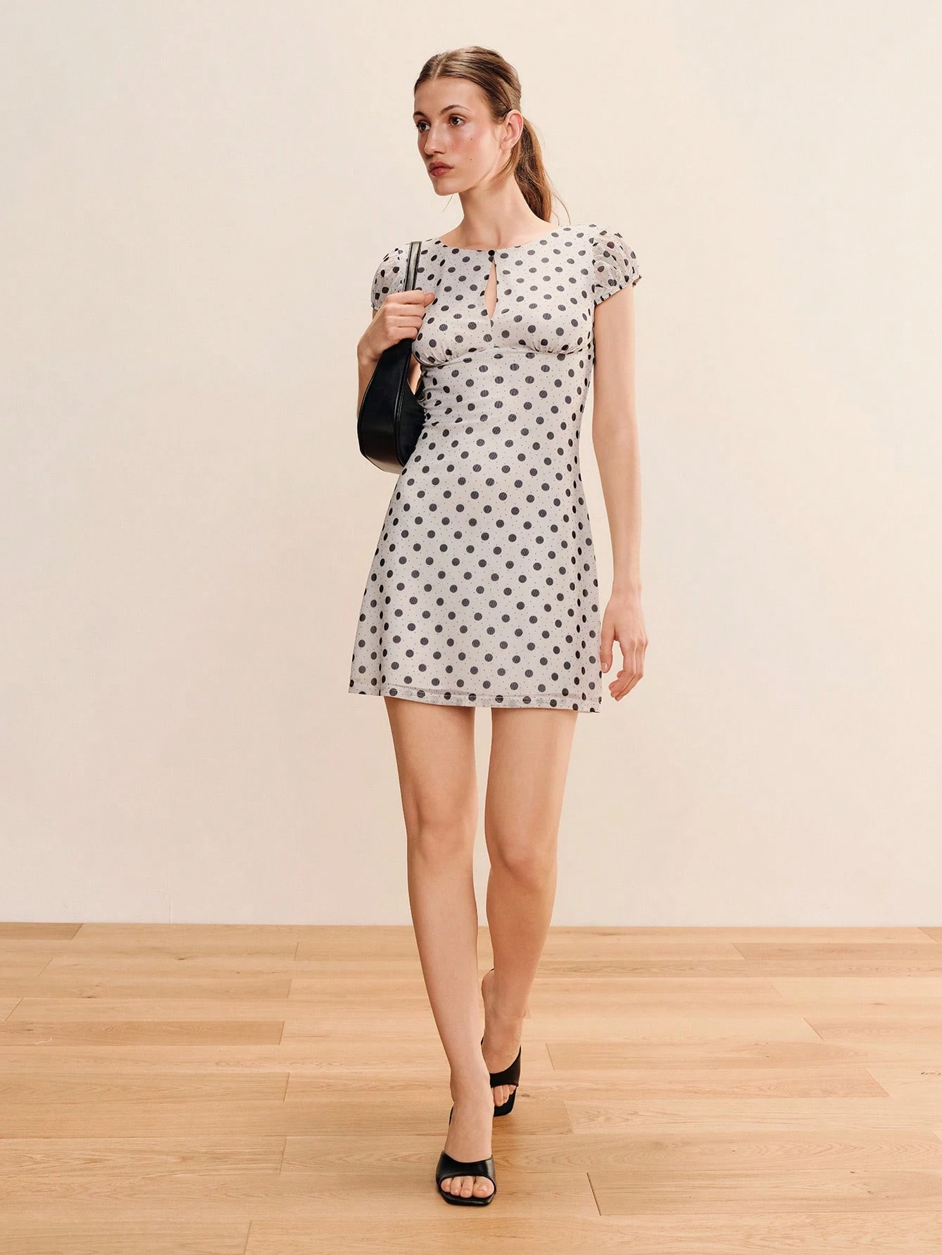 White Polka Dot Mesh Mini Dress, Puff Sleeves, Keyhole Opening At The Front, Spring Summer To Go Out