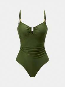 Swim Oasis 女士纯色褶皱连体泳衣，配同色罩裙，度假必备 - 軍綠色 - 查看 6