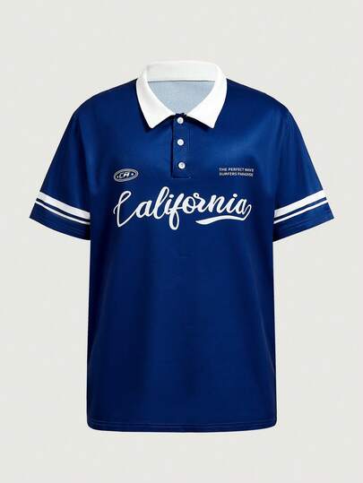 Courvante Camisa polo con estampado retro de California, camiseta de manga corta con cuello de contraste de corte holgado unisex, top casual de pareja para uso diario