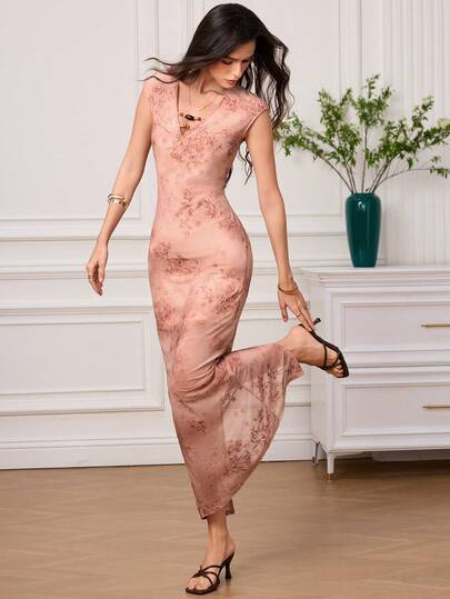 EastFlair New Chinese Style Pink Flocked Dress