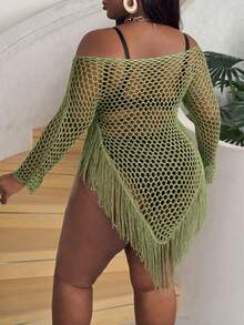 Slaydiva Plus Size Women Casual Knitted Off-Shoulder Tassel Asymmetrical Hem Long Sleeve Sexy Sweater Dress In Fall/Winter - Green - View 2