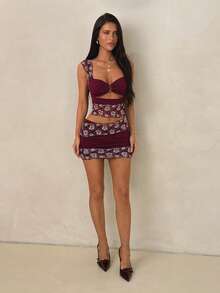 SHEIN ICON Bộ đồ 2 món thời trang gợi cảm dành cho nữ gồm áo và chân váy ngắn, thích hợp cho mùa hè. - Màu Đỏ Sâu - Xem 4