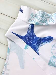 EMERY ROSE Plus Size Women Spring/Summer Ocean Element Print Cap Sleeve Casual Vacation Shirt - Blue and White - View 5