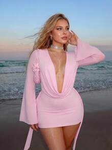 SHEIN ICON Đầm dài tay cổ xếp ly gợi cảm màu trơn dành cho nữ cỡ lớn - Hồng - Xem 1