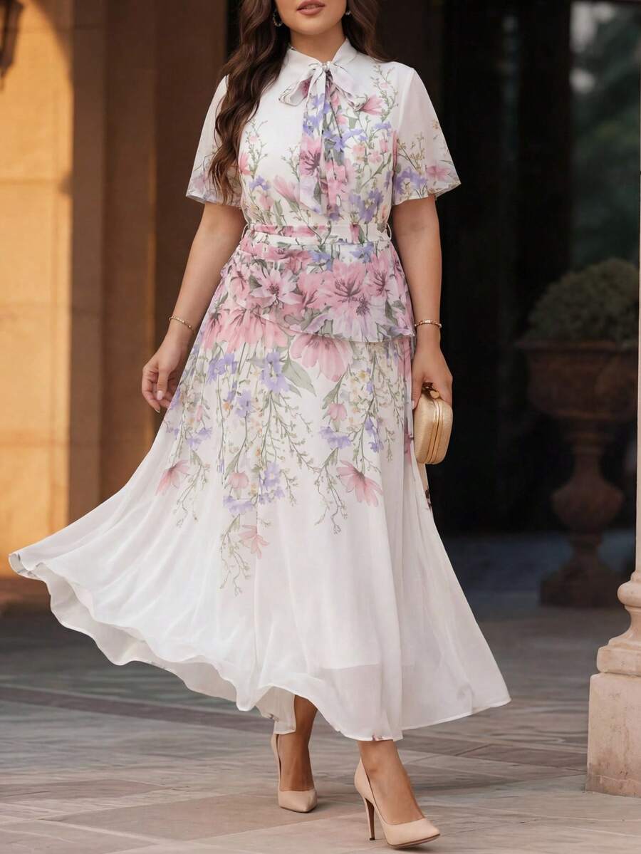 SHEIN Clasi CURVE Plus Size Floral Print Chiffon Tie Collar Dress - White - View 1
