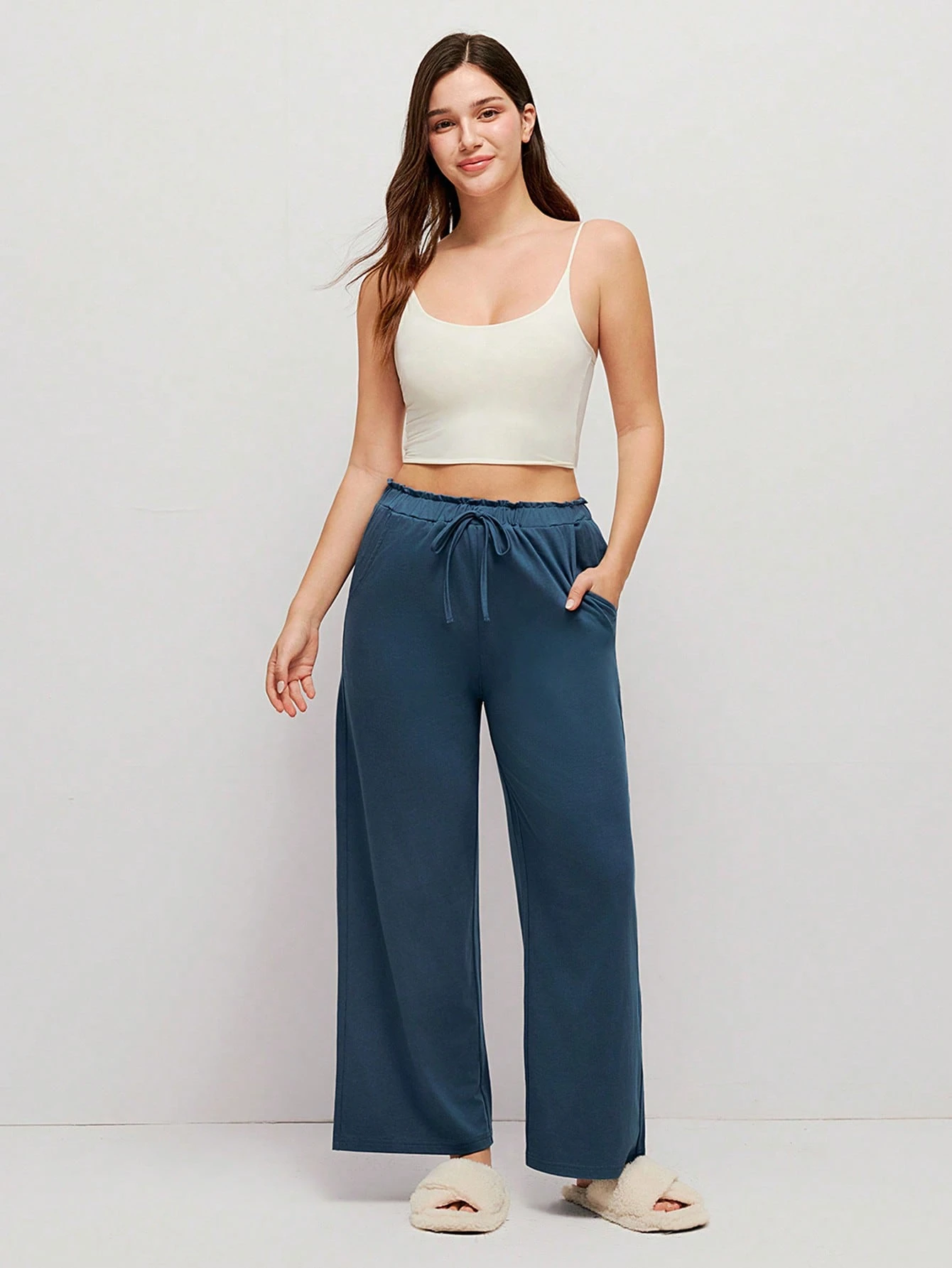 Calça de Pijama Estilo Lounge Larga e Macia de Algodão para Mulheres, Calça de Pijama com Bolsos