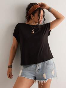 Freevana Plus Size Women Lace Patchwork Casual Sexy Versatile Daily Wear T-Shirt Date Night Black Summer - Black - View 3