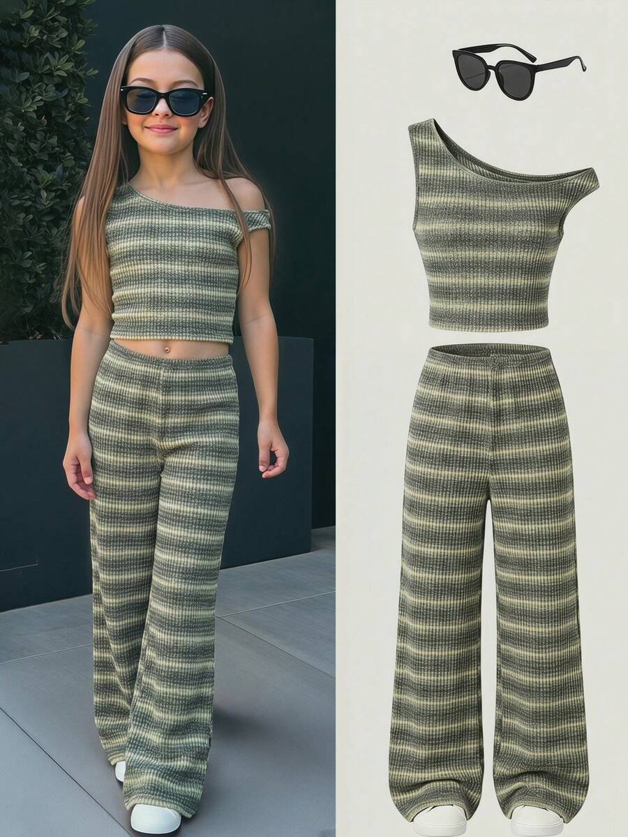 SHEIN 青少年女孩橄欖綠夏季酷女孩熱帶度假條紋不對稱紋理短版斜肩背心寬腿褲2件套 - 綠色 - 查看 1