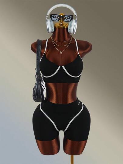 Amplova Women's Contrast Color Cropped Tank Top And Shorts Sports Set