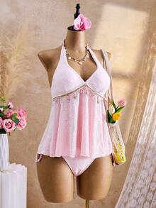 Bellisia 2026SS Retro Y2K Boho Vải dệt họa tiết Dễ thương Ngọt ngào Cô gái Kỳ nghỉ Đi biển Áo hai dây Bikini nữ Dây đeo - Nhiều màu - Xem 3