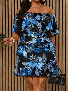 Villa Velisse Plus Size Women's Printed Off-Shoulder Dress, Suitable For Dates, Romantic, Fashionable, Versatile, Commuting, Spring/Summer - Multicolor - View 4