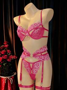 SHEIN 女士镂空花朵蕾丝性感内衣套装 - 玫紅色 - 查看 3
