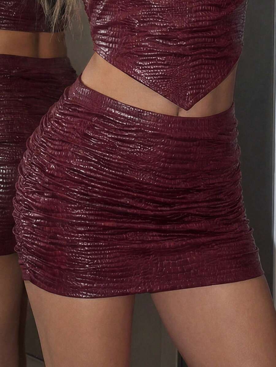 SHEIN ICON 女士纯色褶裥紧身裙 - 酒紅色 - 查看 1