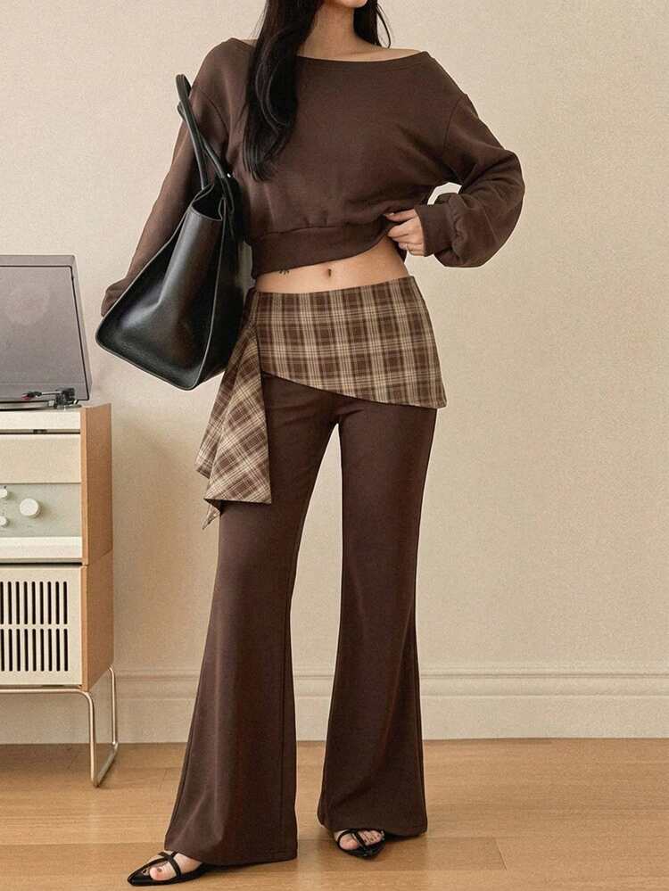 Women's 2-Piece Set, Coffee Brown Fresh Faux Two-Piece Design Short Sweatshirt & Casual Outfit, Spring/Summer Lounge Sets For Women