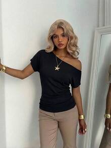 Aloruh T-shirt décontracté ajusté à épaule asymétrique de couleur unie vintage américain, printemps/été - Noir - Voir 6