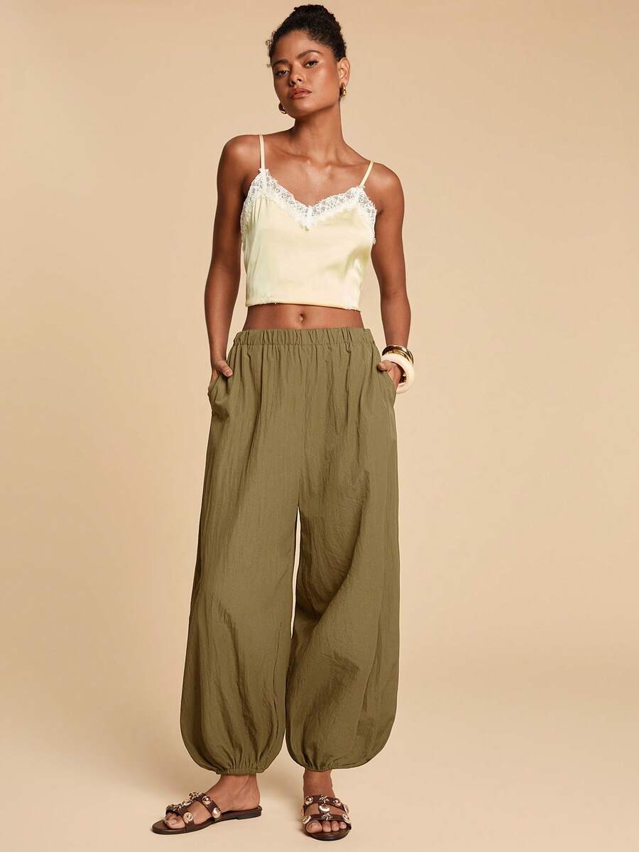 Travachic Women's Casual Solid Color Drawstring Pocket Pants - Mocha Brown - View 1