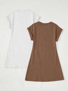 SHEIN BASICS 2pcs/Set Casual Solid Color Knit Round Neck Short Sleeve Mini Dress For Women - Multicolor - View 7
