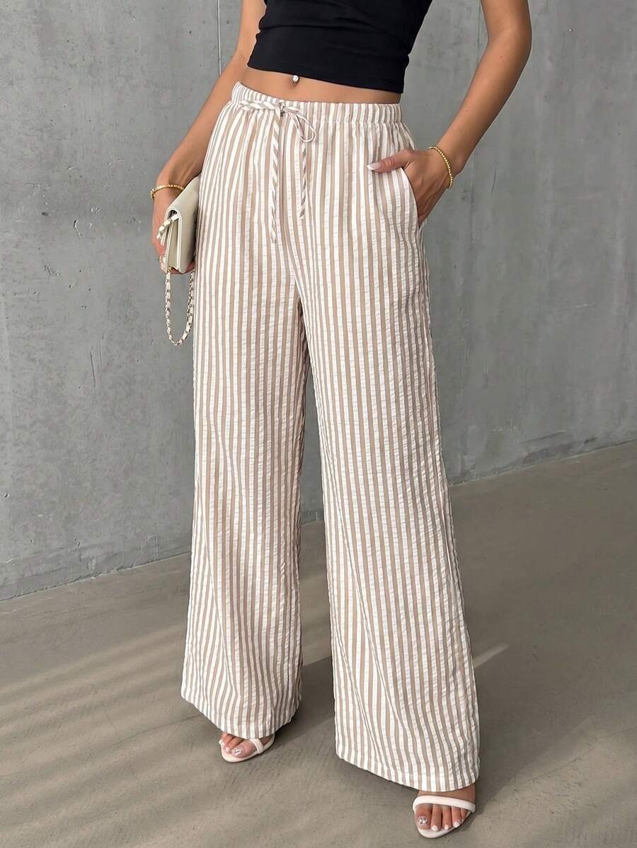 SHEIN PariChic Quần ống rộng nữ kiểu dáng thường ngày với họa tiết xương cá và hoa văn, cạp chun. - Nhiều màu - Xem 1