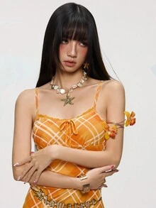 Đầm hai dây kẻ caro tối giản dành cho nữ - trái cam - Xem 7