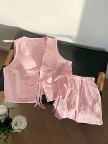 Comfortcana Bộ đồ nữ màu hồng nhạt gồm áo croptop không tay buộc dây phía trước và quần short, kiểu dáng thường ngày, thích hợp cho mùa hè. - Màu Hồng baby - Xem 5