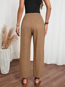Women's Casual Linen Feeling Side Ruffle Long Pants - Mustard Yellow - View 2