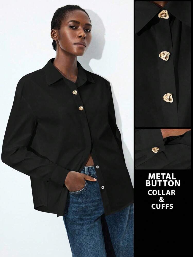 SHEIN Maija Women's Elegant Black And Gold Long Sleeve Turndown Collar Metal Decor Button Loose Blouse,Autumn Office Business Casual Outfit,Christmas Party