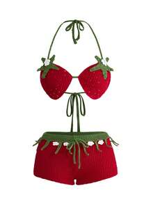 ROMWE Avant Women's Starfish Decor Backless Halter Crop Top And Shorts 2 Pieces Set - Red - View 1