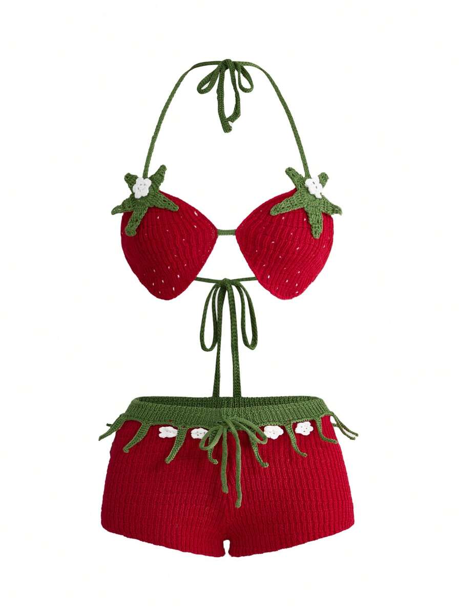ROMWE Avant Women's Starfish Decor Backless Halter Crop Top And Shorts 2 Pieces Set - Red - View 1